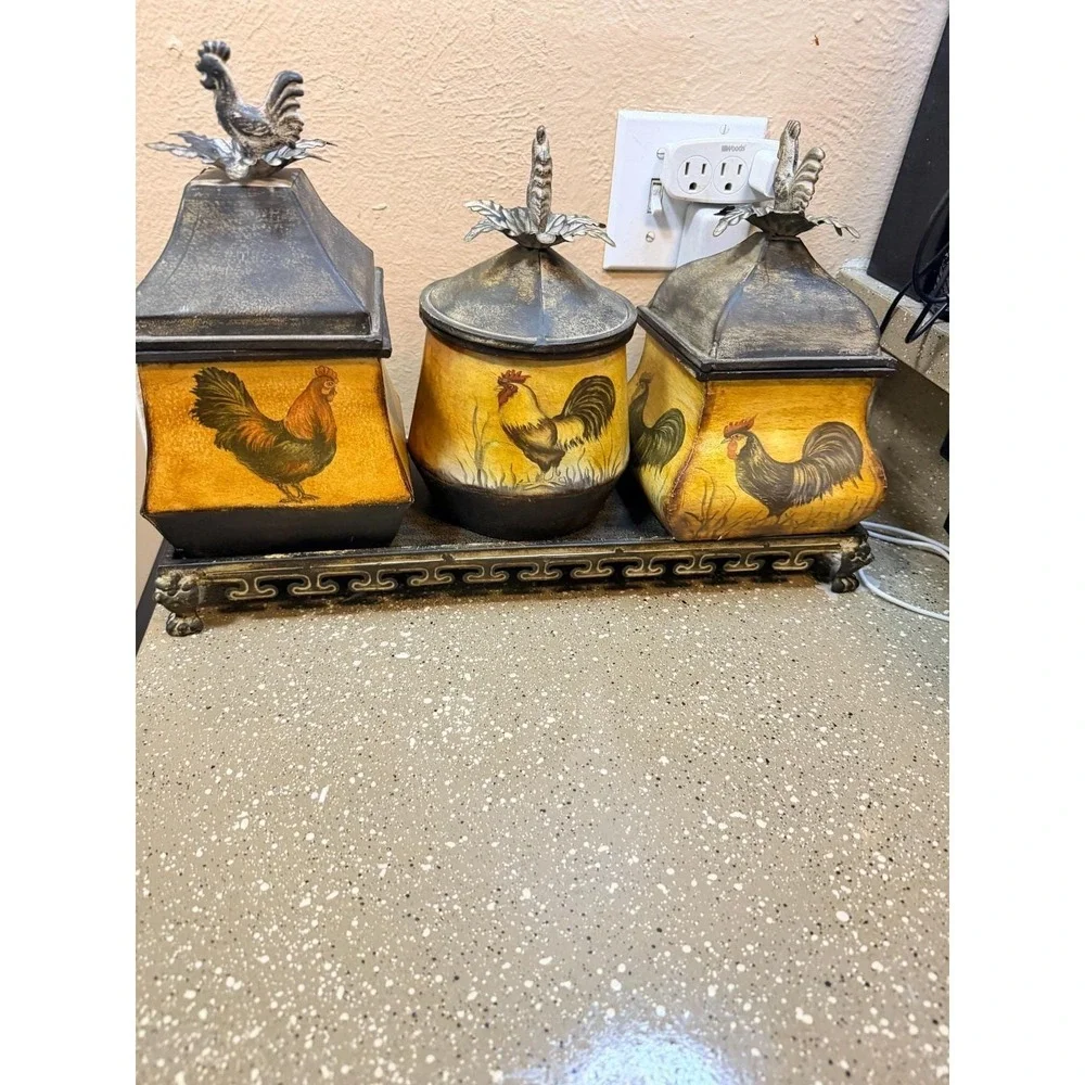 Vintage CBK Country Rustic‎ Kitchen Storage Canister Rooster Set w Tray 18x12x6